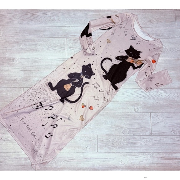 MISSLOOK Dresses & Skirts - Vintage misslook maxi long sleeve four cool cats black cats playing music dress